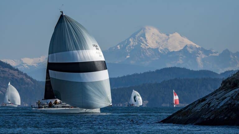 J/111 Raku sails with Mount Baker in the background. Photo by Dennis Pearce.