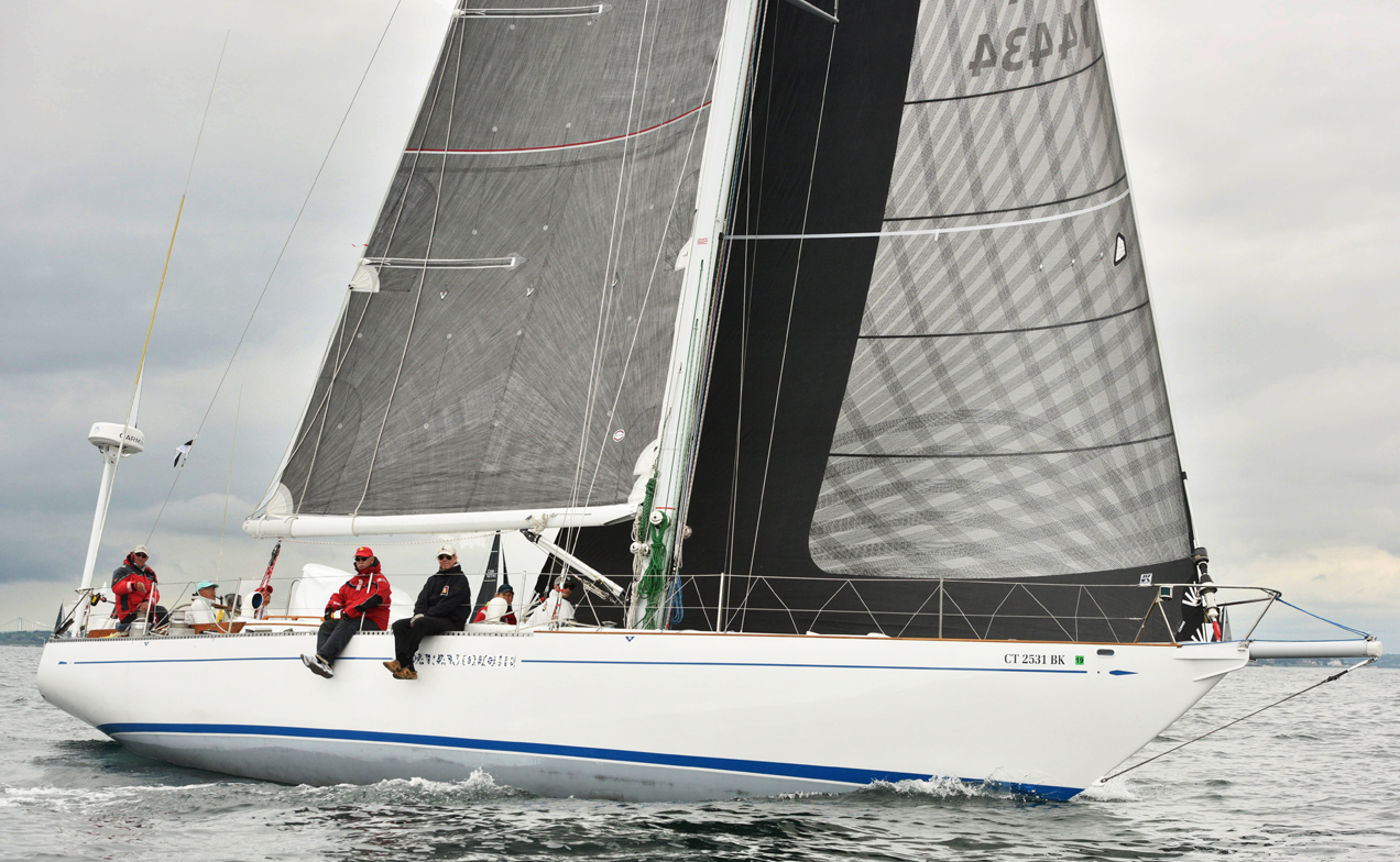 The S&amp;S 49 HIRO MARU at the start of the 2018 Newport to Bermuda Race flying the same X-Drive No. 1 genoa she used in the Transatlantic race. Notice the partial black taffeta layer on the part the leech that overlaps the mast as well as on the p…