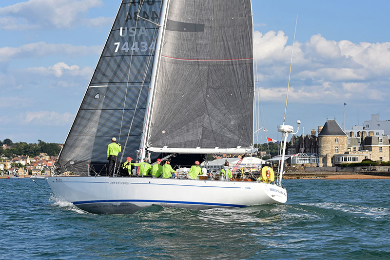 HIRO MARU approaching the finish line off the Royal Yacht Squadron’s castle on the Isle of Wight.