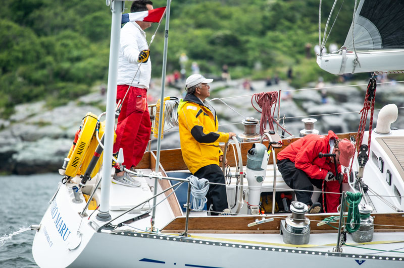 Hiro driving past Castle Hill after crossing the starting line off Newport, R.I.