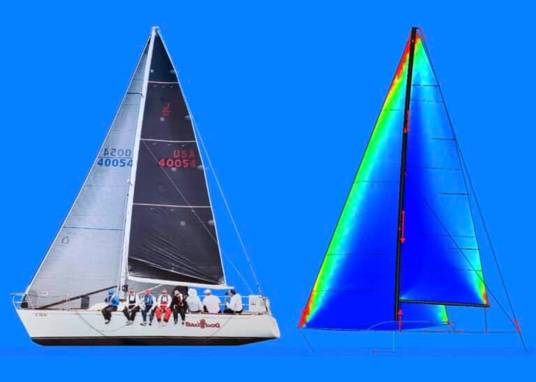 Photograph of J/35 BAD DOG racing in the Chicago Yacht Club’s 2021 Race to Mackinac (Image from the J/35 Class Association Facebook Page) side-by-side with an FSI stress simulation.