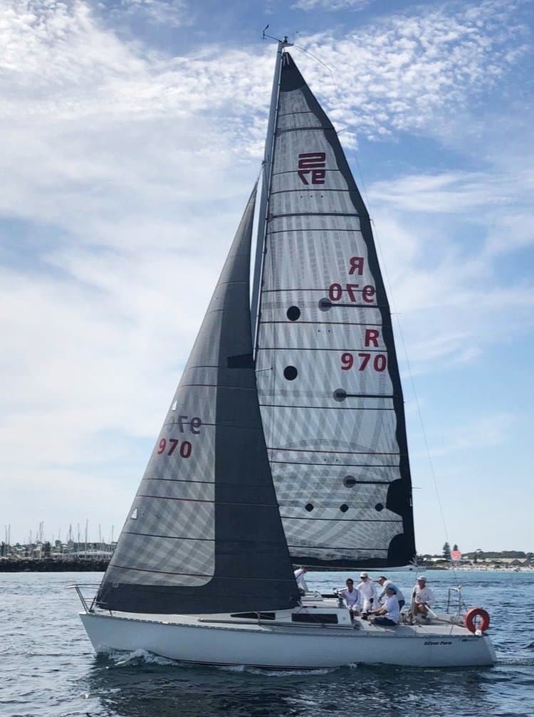 X-Drive main and genoa, both with a partial taffeta layers for extra durability. The genoa has taffeta on the foot and the area of the leech that overlaps the mast. The mainsail has a scalloped strip up the leech to protect the sail from flogging damage.