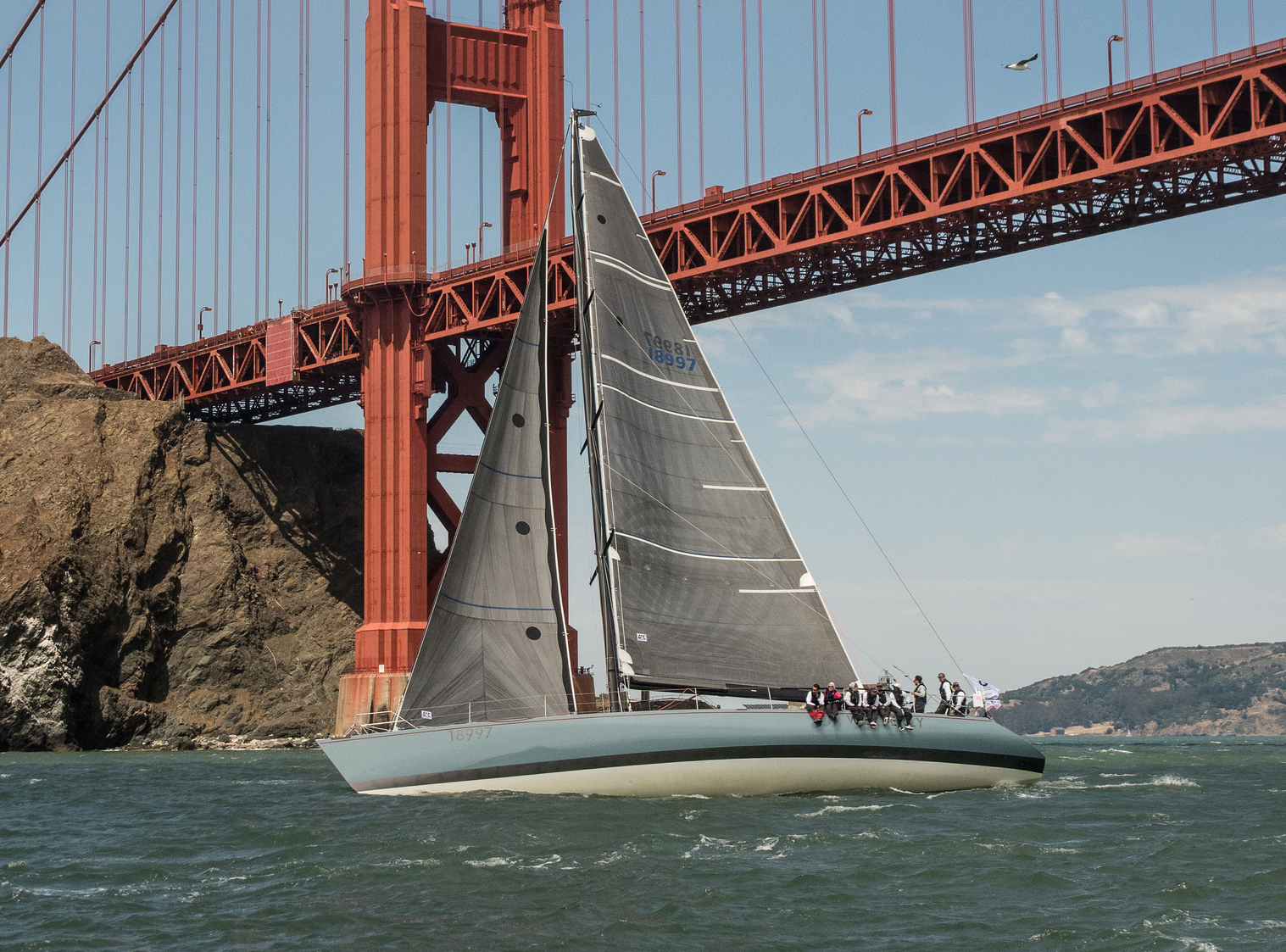 Stuart and Joy Dahlgren’s Santa Cruz 70 WESTERLY leaving San Francisco Bay at the start of the 2018 Pacific Cup.