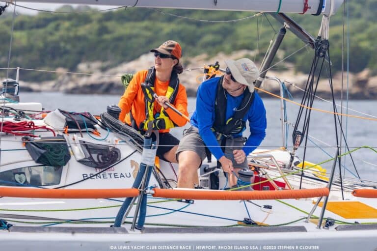 Nathalie Criou paired up with Satchel Douglas aboard her Figaro 2, ENVOLEÉ, in the 2023 Ida Lewis Distance Race. Photo credit: Stephen R. Cloutier.